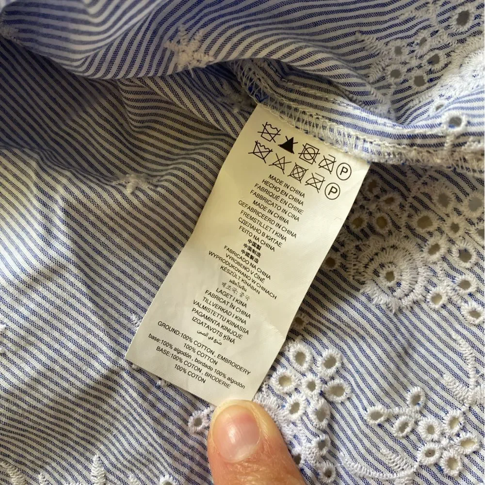 Michael Kors Striped Blue Top with White Embroidery One Shoulder Blouse Size M